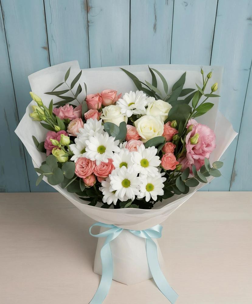 Букет цветов из: Розы, Лизиантусы и Хризантемы в Вельяминово