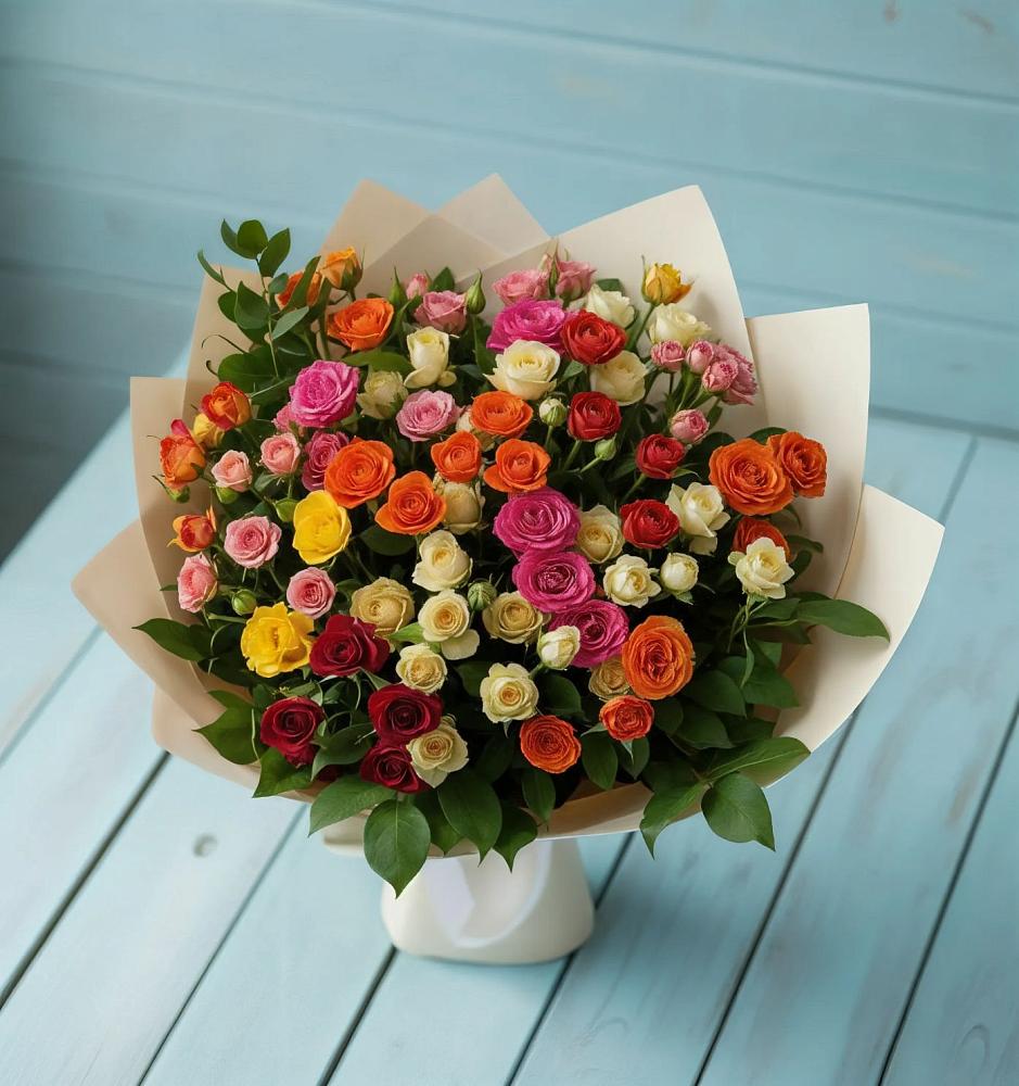 Букет Микс из разноцветных кустовых роз в Вельяминово