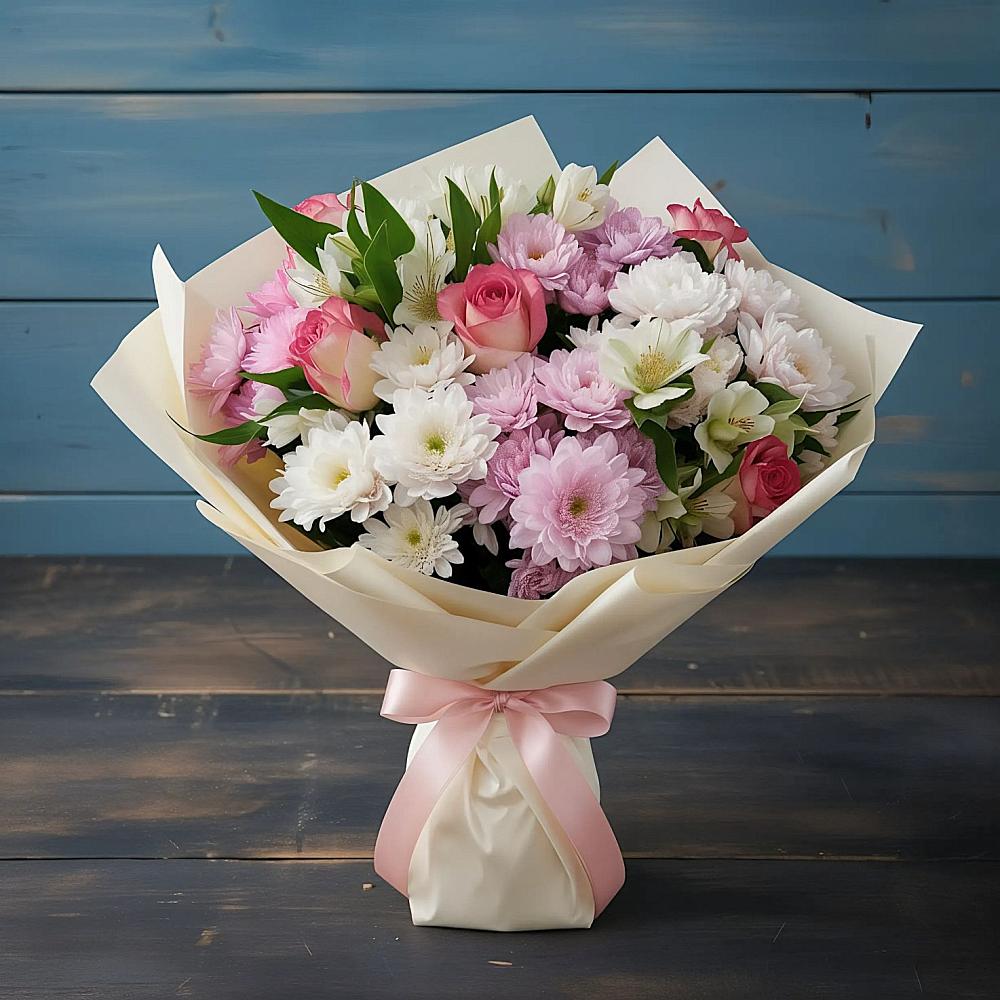 Букет цветов из: Хризантемы, Альстромерии и Розы в Вельяминово